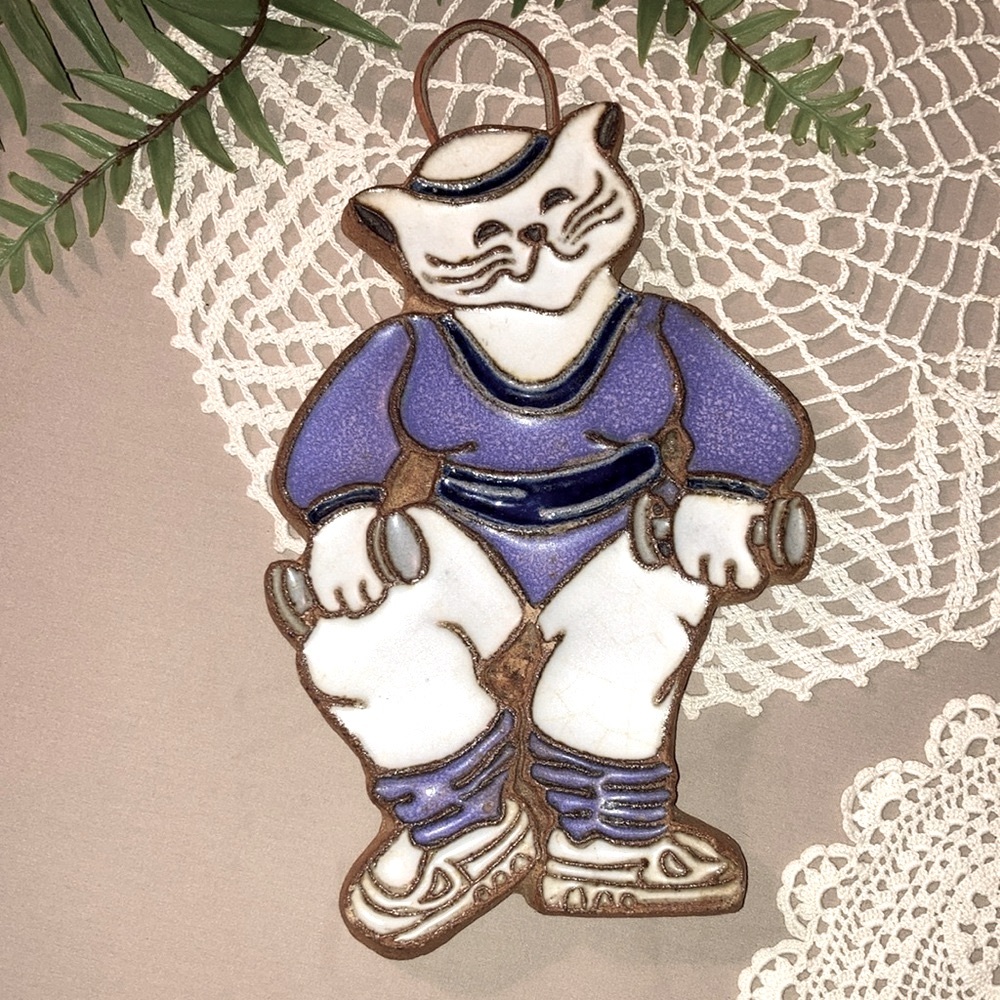Vintage Aerobics Cat Pottery Wall Hanging Jazzercise Gymnast 1980s
